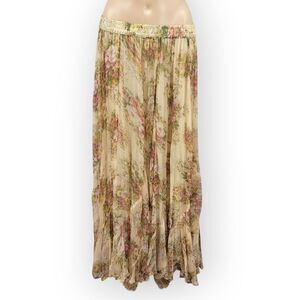 Dangerous Threads Vintage Floral Chiffon Maxi Skirt Cream and Pink Cottagecore